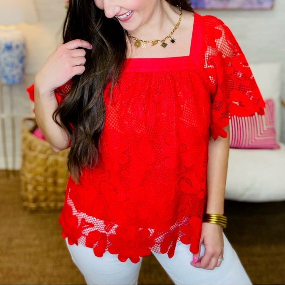 JODIFL Vibrant Red Lace Blouse